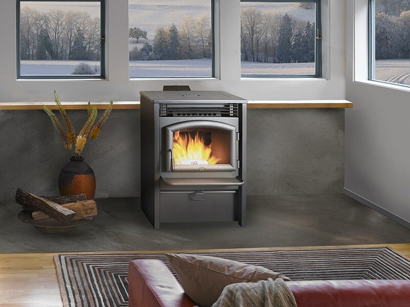 Lopi AGP pellet stove in a living room